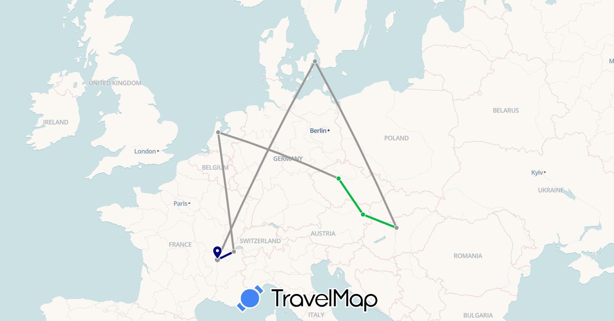 TravelMap itinerary: driving, bus, plane in Austria, Switzerland, Czech Republic, Denmark, France, Hungary, Netherlands (Europe)